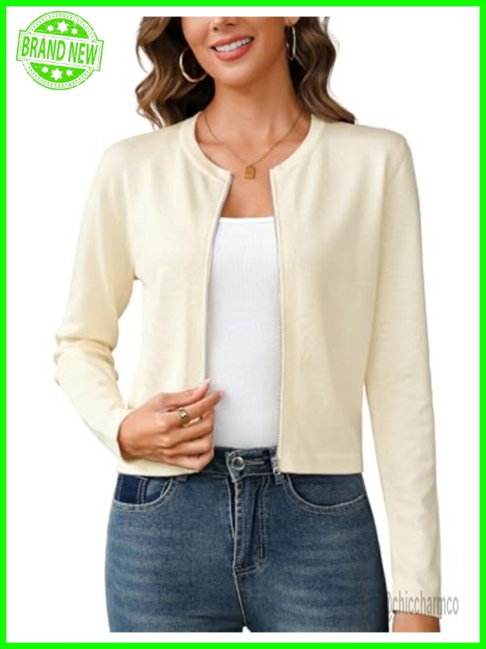 Women's Long Sleeve Knit Zip Up Cropped Cardigan Sweater Shrug